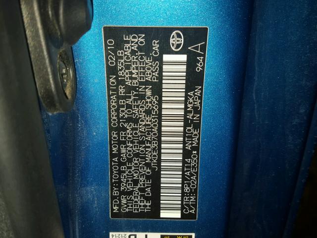 JTKDE3B70A0315695 - 2010 SCION TC BLUE photo 10