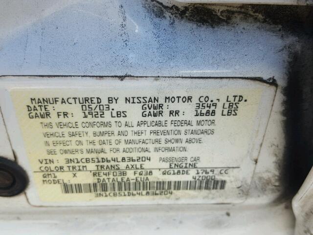 3N1CB51D64L836204 - 2004 NISSAN SENTRA 1.8 WHITE photo 10