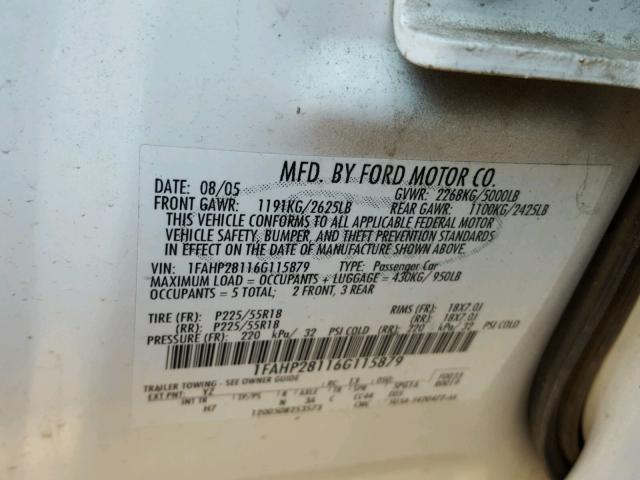 1FAHP28116G115879 - 2006 FORD FIVE HUNDR WHITE photo 10