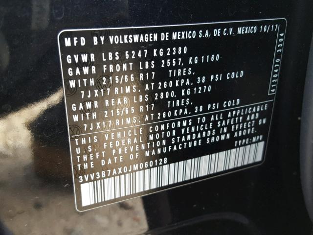 3VV3B7AX0JM060128 - 2018 VOLKSWAGEN TIGUAN SE BLACK photo 10