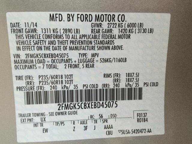 2FMGK5C8XEBD45075 - 2014 FORD FLEX SEL SILVER photo 10