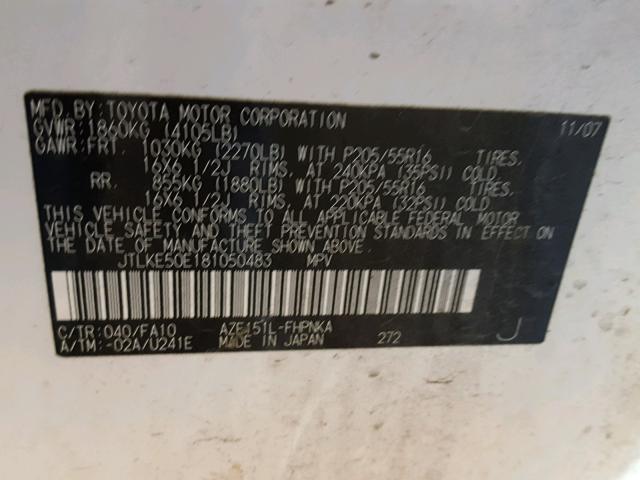 JTLKE50E181050483 - 2008 TOYOTA SCION XB თეთრი ფოტო 10