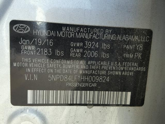 5NPD84LF1HH009824 - 2017 HYUNDAI ELANTRA SE SILVER photo 10