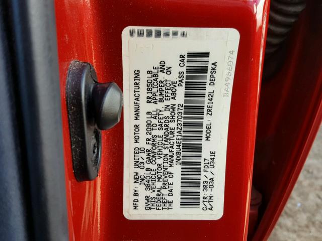 1NXBU4EE1AZ370372 - 2010 TOYOTA COROLLA BA RED photo 10