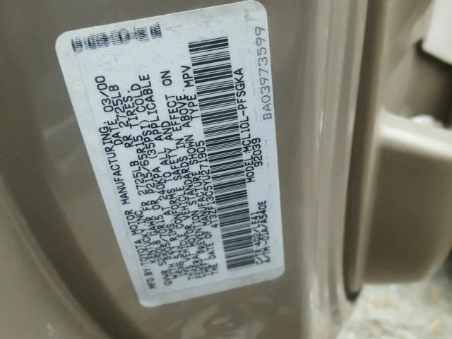 4T3ZF13C5YU271905 - 2000 TOYOTA SIENNA LE BEIGE photo 10