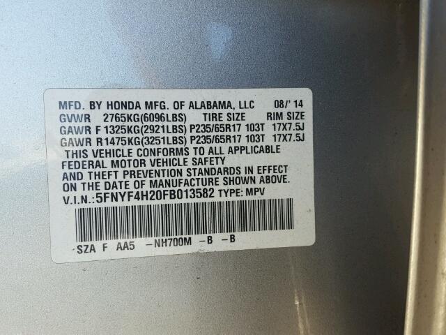 5FNYF4H20FB013582 - 2015 HONDA PILOT LX SILVER photo 10