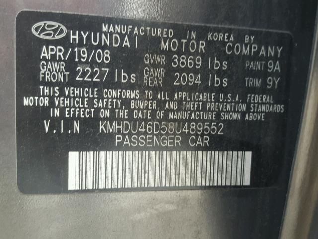 KMHDU46D58U489552 - 2008 HYUNDAI ELANTRA GL GRAY photo 10