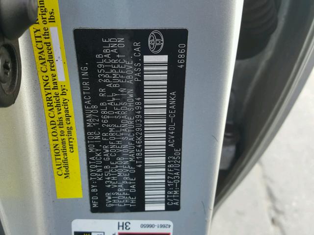 4T1BE46K29U394984 - 2009 TOYOTA CAMRY BASE SILVER photo 10