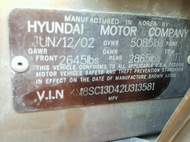 KM8SC13D42U313581 - 2002 HYUNDAI SANTA FE G BROWN photo 10