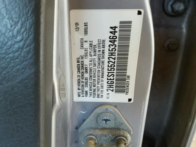 2HGES15522H534644 - 2002 HONDA CIVIC LX SILVER photo 10