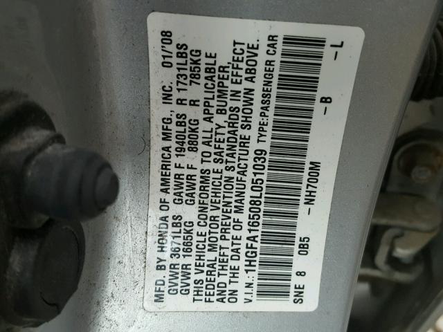 1HGFA16508L051039 - 2008 HONDA CIVIC LX SILVER photo 10