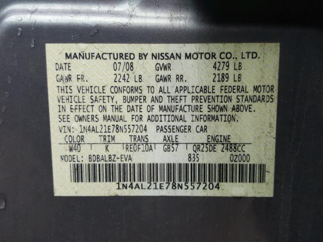 1N4AL21E78N557204 - 2008 NISSAN ALTIMA 2.5 GRAY photo 10