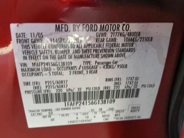 1FAFP24156G138109 - 2006 FORD FIVE HUNDR RED photo 10