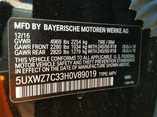 5UXWZ7C33H0V89019 - 2017 BMW X3 SDRIVE2 BLACK photo 10