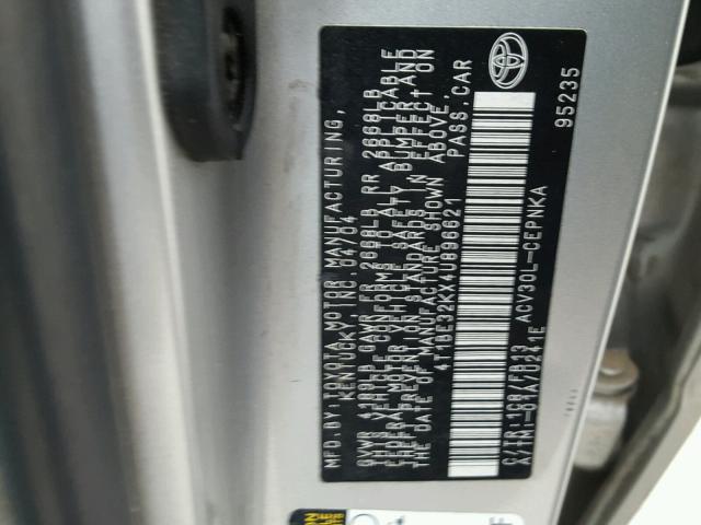 4T1BE32KX4U896621 - 2004 TOYOTA CAMRY LE ვერცხლისფერი ფოტო 10