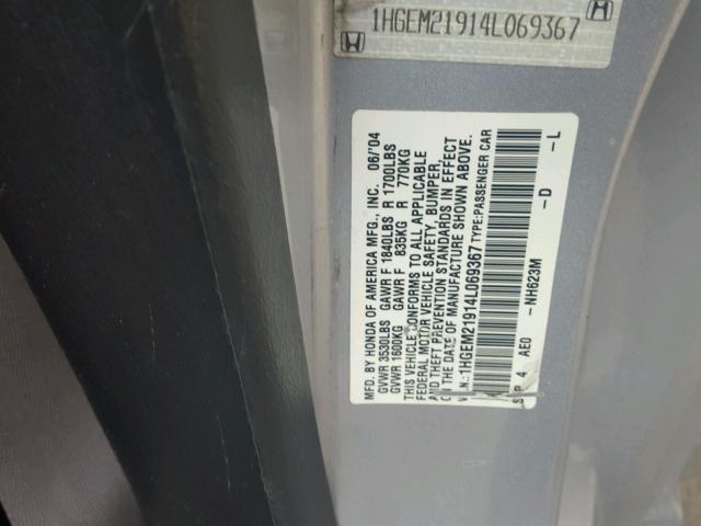 1HGEM21914L069367 - 2004 HONDA CIVIC EX GRAY photo 10