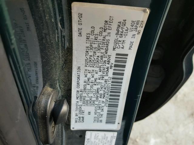 JTEGF21A520071712 - 2002 TOYOTA HIGHLANDER GREEN photo 10