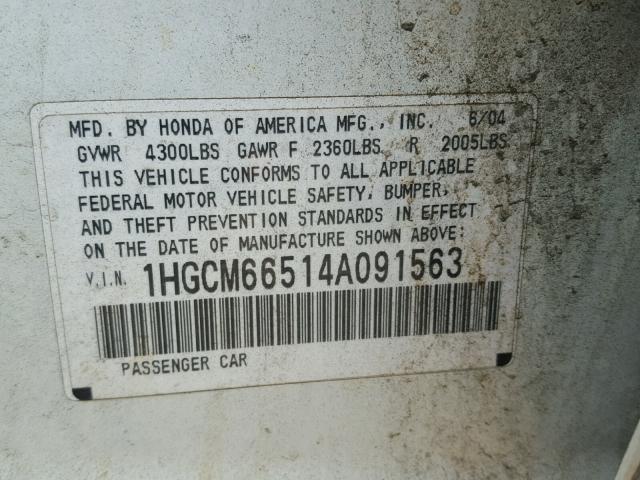 1HGCM66514A091563 - 2004 HONDA ACCORD EX WHITE photo 10