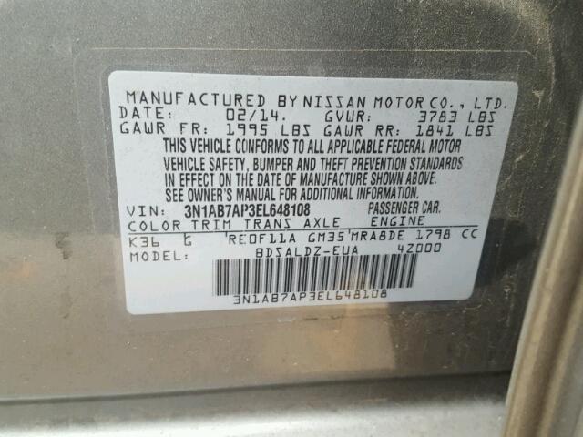 3N1AB7AP3EL648108 - 2014 NISSAN SENTRA S GRAY photo 10