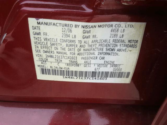 1N4BL21E37C141603 - 2007 NISSAN ALTIMA 3.5 RED photo 10