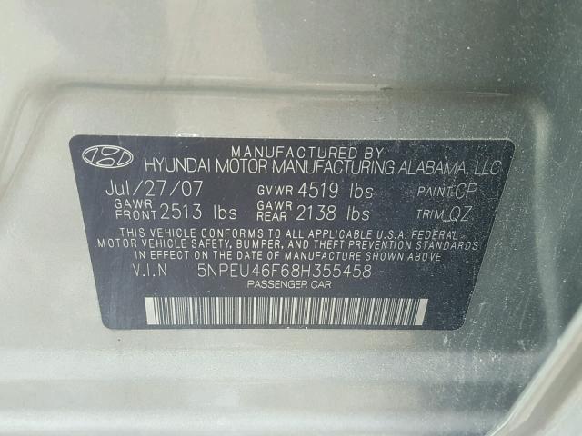 5NPEU46F68H355458 - 2008 HYUNDAI SONATA SE BEIGE photo 10