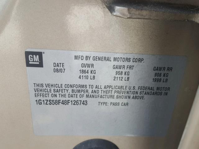 1G1ZS58F48F126743 - 2008 CHEVROLET MALIBU LS ოქროსფერი ფოტო 10