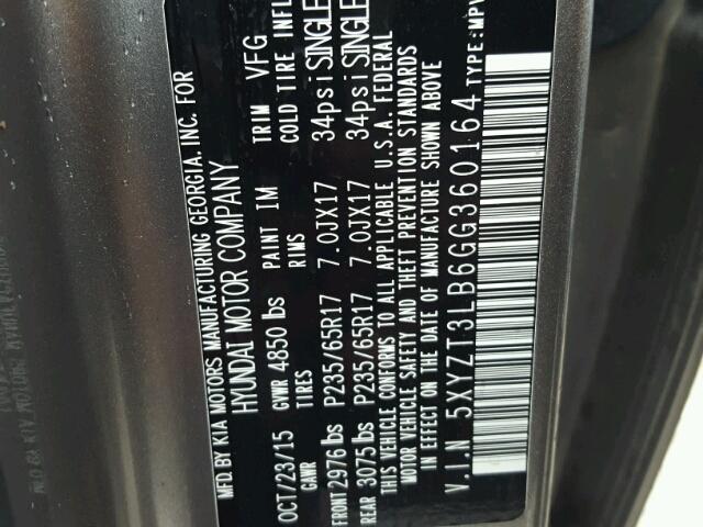 5XYZT3LB6GG360164 - 2016 HYUNDAI SANTA FE S Մոխրագույն լուսանկար 10