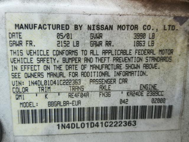 1N4DL01D41C222363 - 2001 NISSAN ALTIMA XE WHITE photo 10