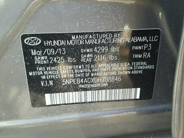 5NPEB4ACXDH708846 - 2013 HYUNDAI SONATA GLS GRAY photo 10