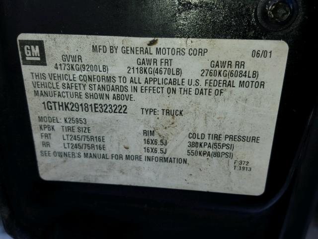 1GTHK29181E323222 - 2001 GMC SIERRA K25 BLACK photo 10