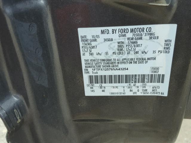 1FTPX12576NA43254 - 2006 FORD F150 CHARCOAL photo 10