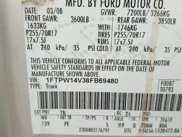 1FTPW14V38FB69480 - 2008 FORD F150 SUPER SILVER photo 10