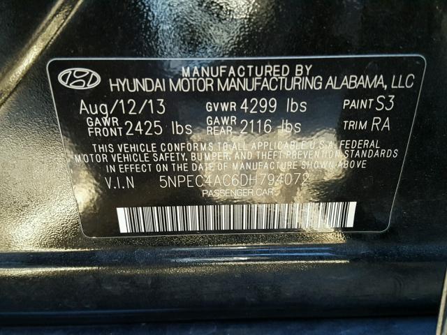 5NPEC4AC6DH794072 - 2013 HYUNDAI SONATA SE BLACK photo 10