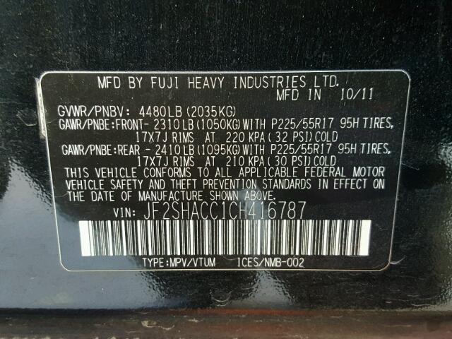 JF2SHACC1CH416787 - 2012 SUBARU FORESTER 2 BLACK photo 10