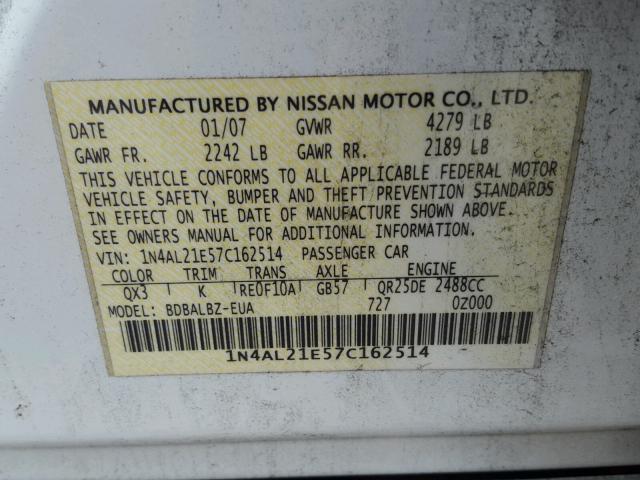 1N4AL21E57C162514 - 2007 NISSAN ALTIMA 2.5 WHITE photo 10