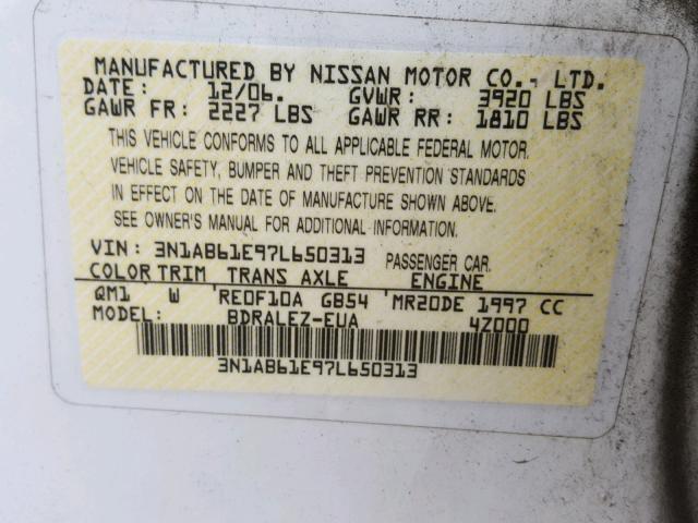 3N1AB61E97L650313 - 2007 NISSAN SENTRA 2.0 WHITE photo 10