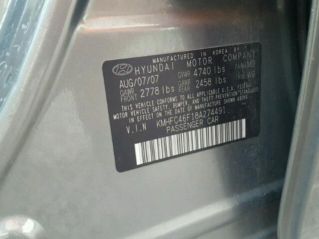 KMHFC46F18A274491 - 2008 HYUNDAI AZERA SE GRAY photo 10