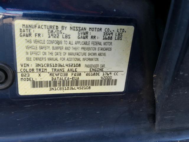 3N1CB51D36L452108 - 2006 NISSAN SENTRA 1.8 BLUE photo 10