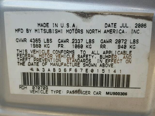 4A3AB36F67E015141 - 2007 MITSUBISHI GALANT ES SILVER photo 10