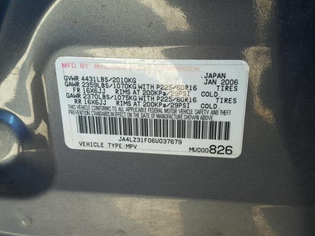 JA4LZ31F06U037679 - 2006 MITSUBISHI OUTLANDER GRAY photo 10