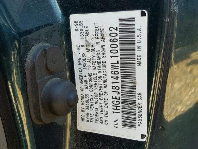 1HGEJ8146WL100602 - 1998 HONDA CIVIC EX GREEN photo 10