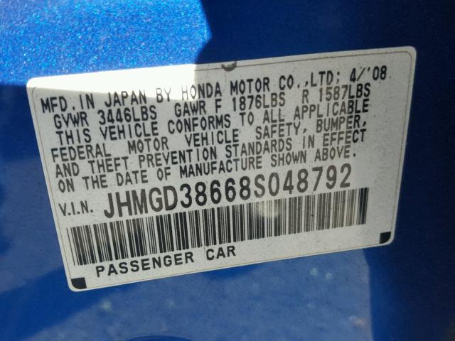 JHMGD38668S048792 - 2008 HONDA FIT SPORT BLUE photo 10