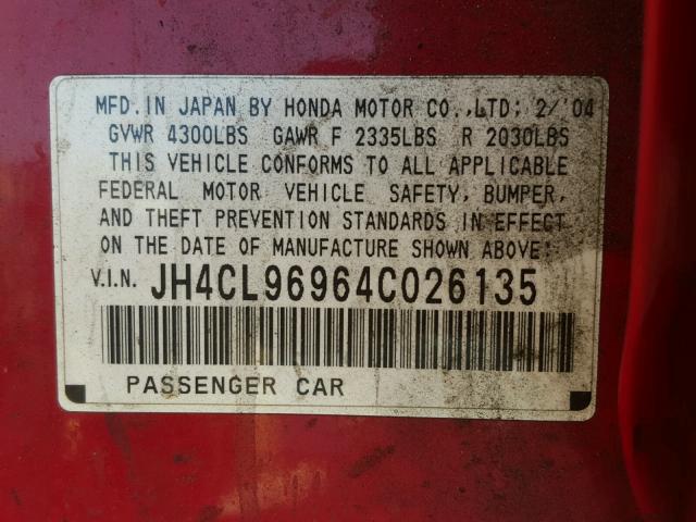 JH4CL96964C026135 - 2004 ACURA TSX RED photo 10