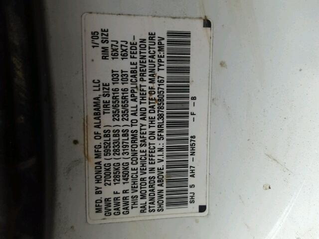 5FNRL38785B057167 - 2005 HONDA ODYSSEY EX WHITE photo 10