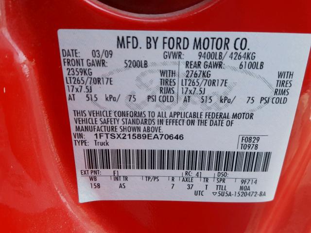 1FTSX21589EA70646 - 2009 FORD F250 SUPER RED photo 10