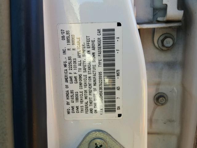 1HGCM56387A228995 - 2007 HONDA ACCORD SE WHITE photo 10