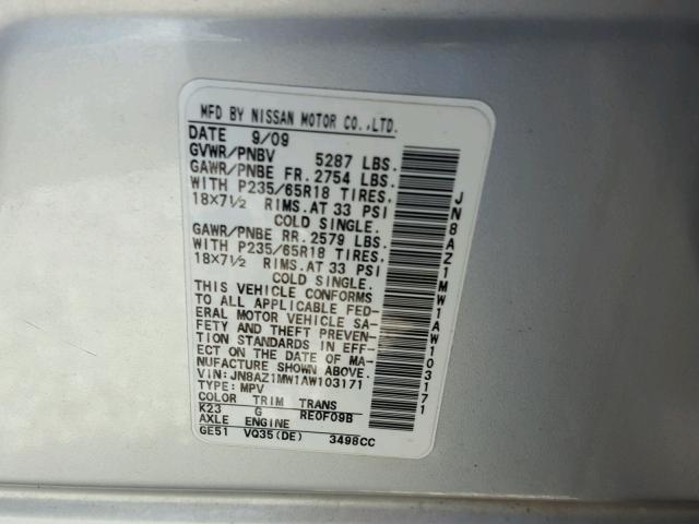 JN8AZ1MW1AW103171 - 2010 NISSAN MURANO S SILVER photo 10