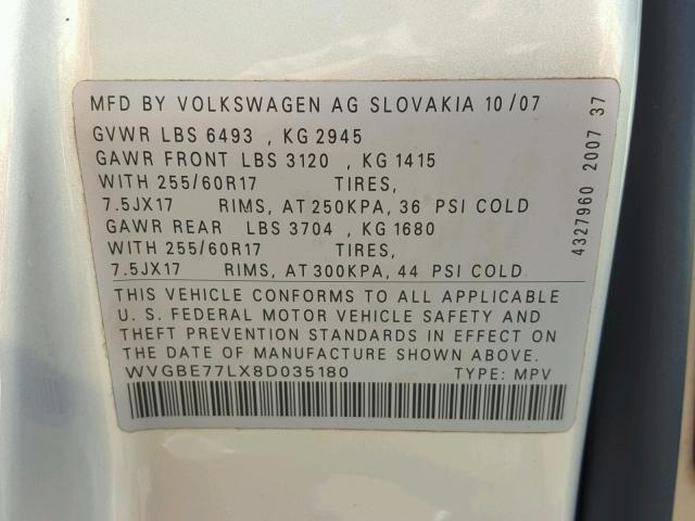 WVGBE77LX8D035180 - 2008 VOLKSWAGEN TOUAREG 2 SILVER photo 10