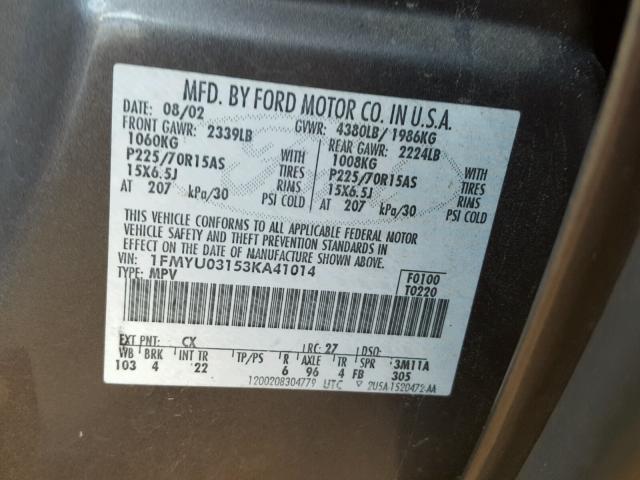 1FMYU03153KA41014 - 2003 FORD ESCAPE XLT GRAY photo 10