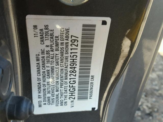 2HGFG12849H511297 - 2009 HONDA CIVIC EX 灰色 照片 10